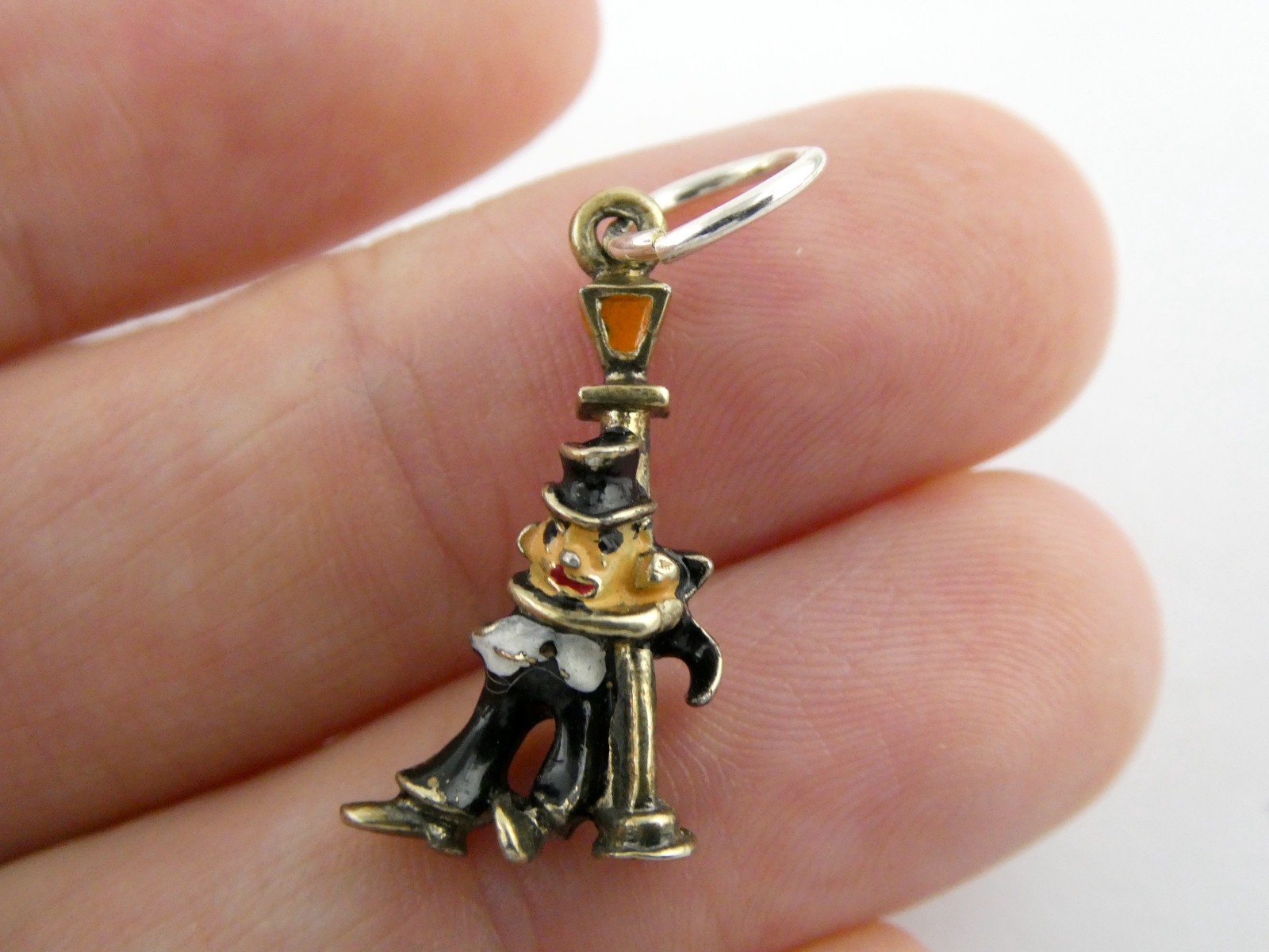 Vintage Sterling Silver Enameled Drunk Person Holding Lamp Post Charm or Pendant