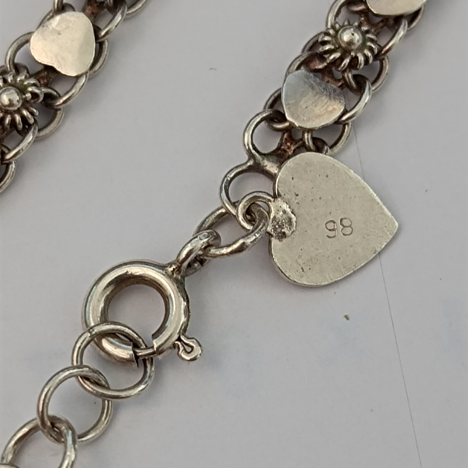 Vintage Silver Bracelet Ethnic Hearts Flowers Dainty Granulated Link Sterling