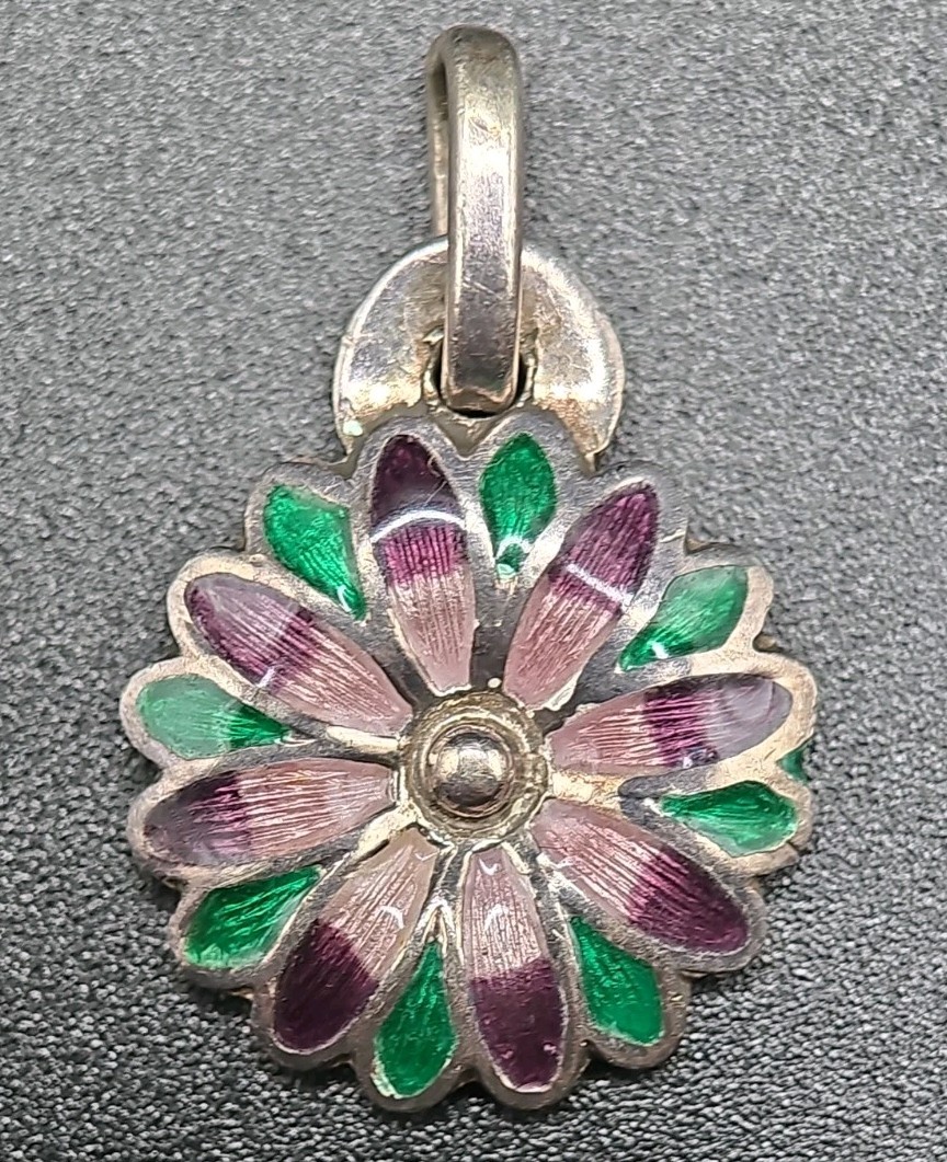 ​Vtg Mexico 980 Silver Enamel Flower Pendant Purple Green Daisy Taxco…