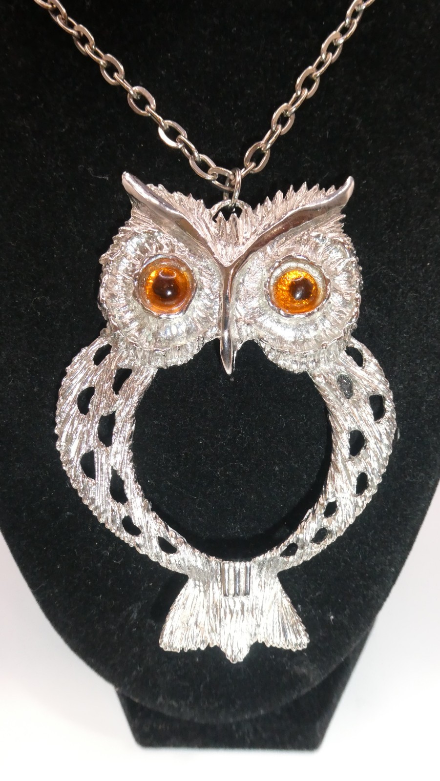 Vintage Huge Owl Pendant Chain Necklace Retro 70s Statement Jewelry Amber Eyes