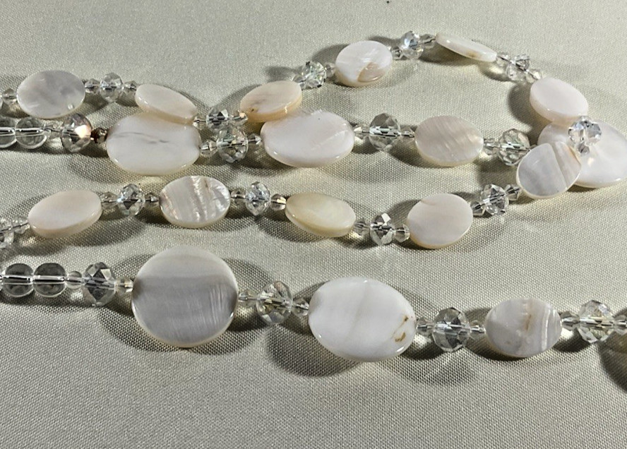 Mother of Pearl Abalone Necklace White Double Strand w/ Clear Glass Beads Chic