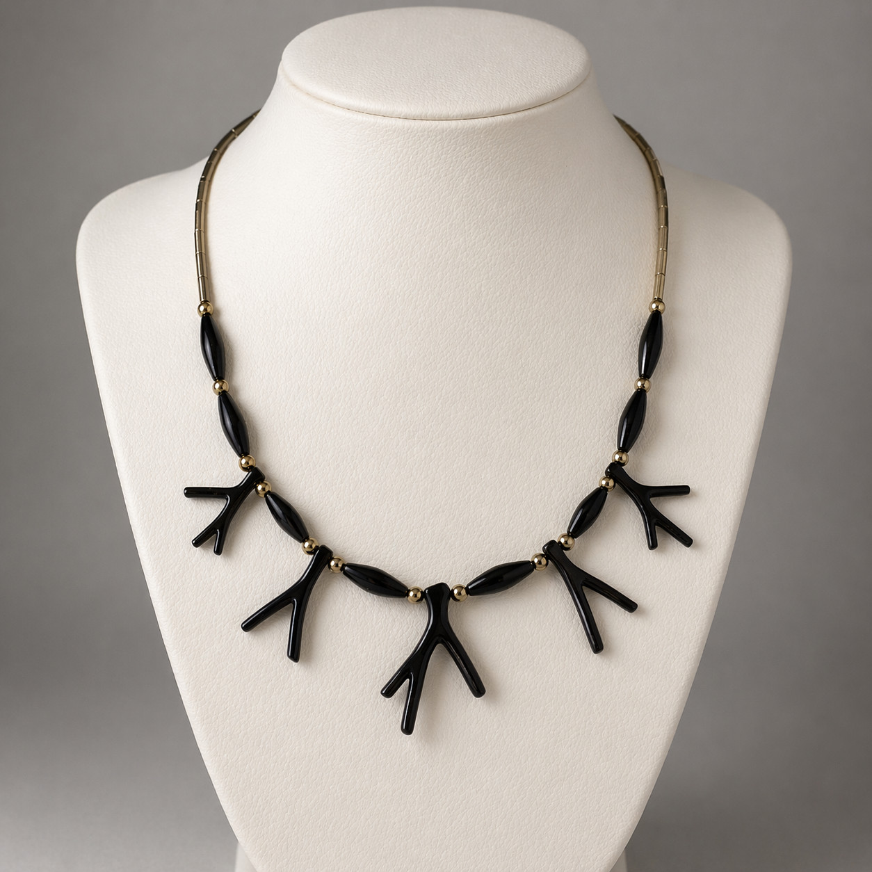 Vintage Black Coral Necklace Gold Tone Beads Mid Century Modern Statement