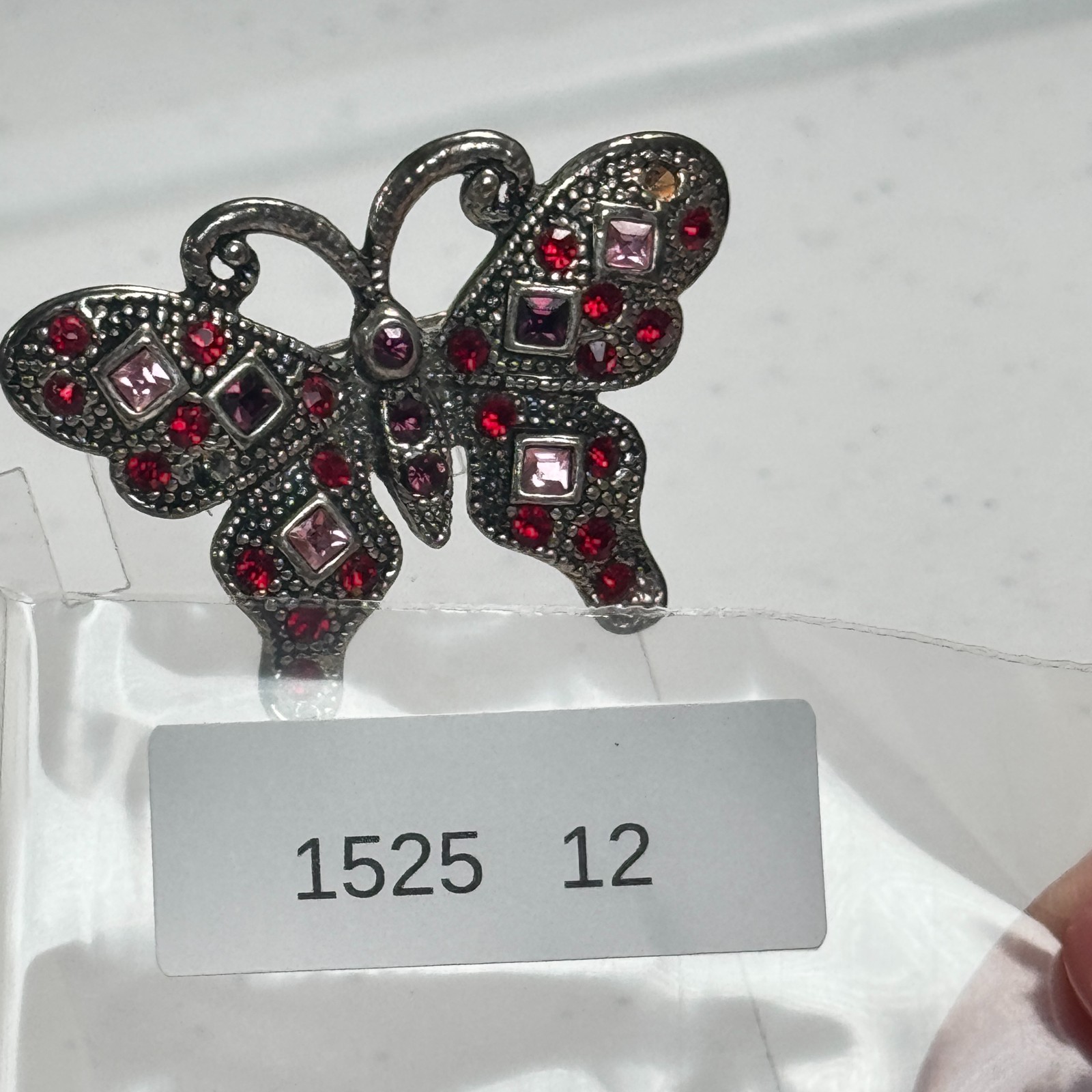 Vintage Brooch Butterfly Gunmetal Red Pink Rhinestone Pavé Statement Pin mcm