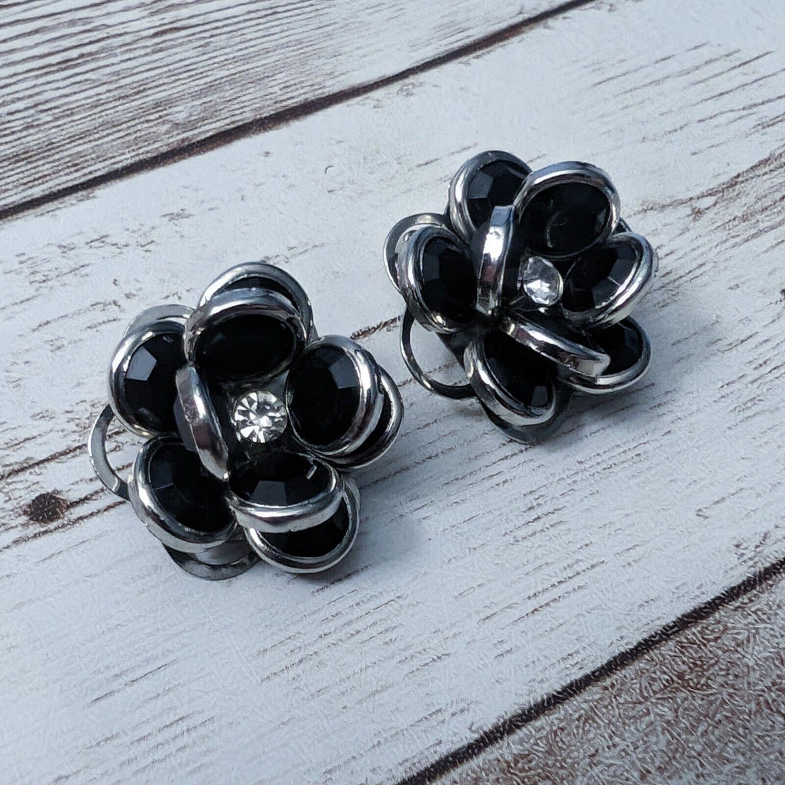 Vintage Clip On Earrings – Black & Silver Tone Flower with Clear Gem