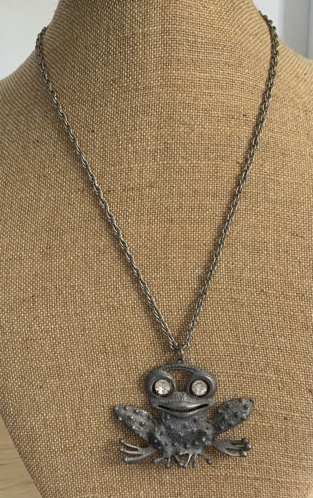 Vintage, Gray Metal Frog Pendant W/ White Rhinestones Articulate Eyes, Necklace