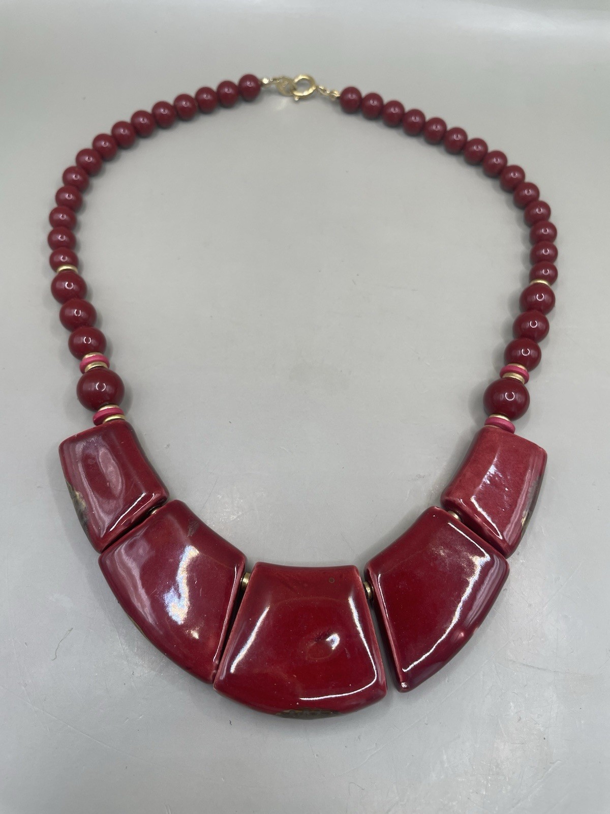 Vintage Japan Rust Red Art Pottery Ceramic Beaded Necklace W/Metallic Accents