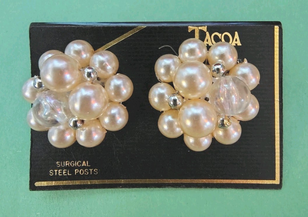 Vintage TACOA Pearl & CLEAR Acrylic Earrings in Silver Tone