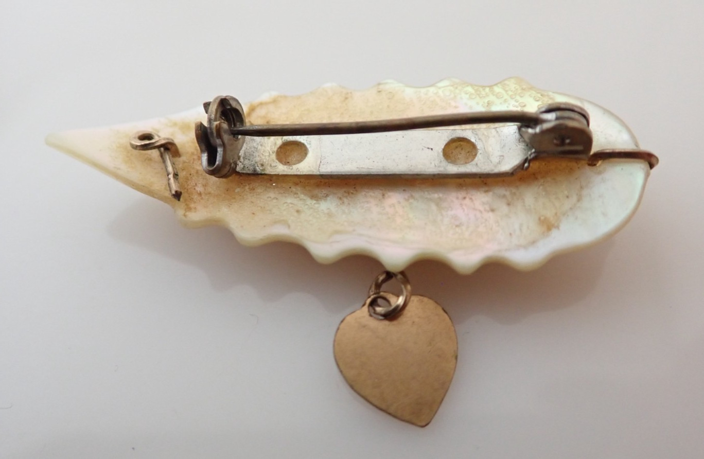 Vintage Gold Filled Wire Mother of Pearl MOP Name “Stella” Leaf Heart Brooch Pin