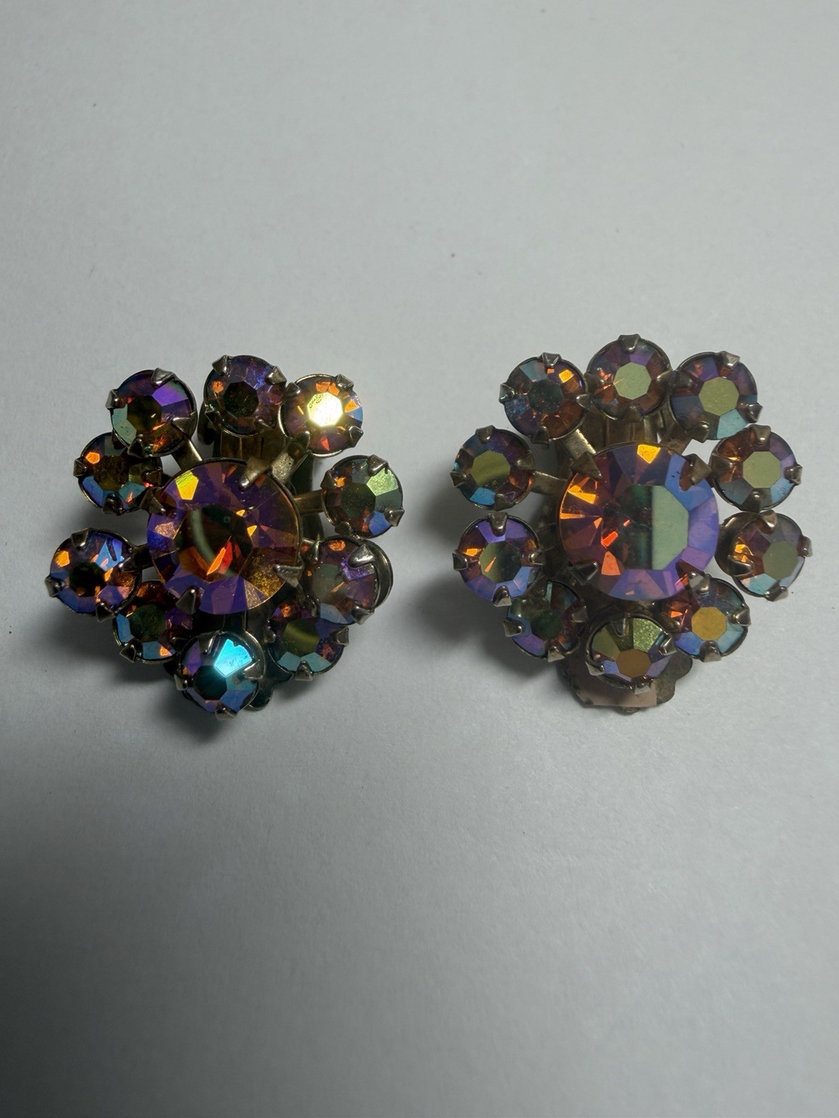 Vintage Aurora Borealis Clip On Earrings Floral Cluster Light Rainbow Colors