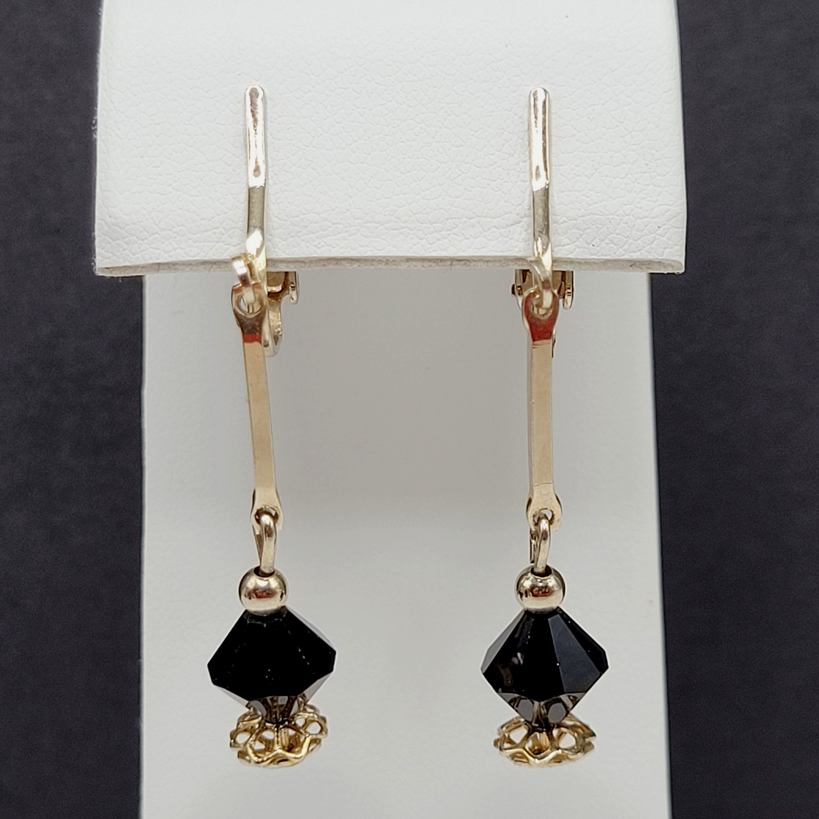 Minimalist Art Deco Drops Black Bicone Crystal Gold Tone Vtg Clip On Earrings