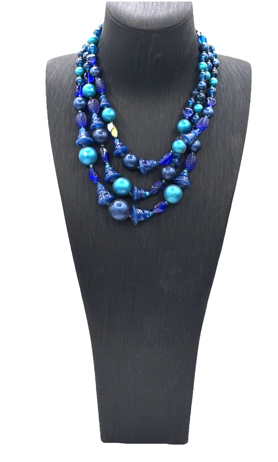 Japan Signed Vintage Multi‑Strand Blue Beaded Necklace – Art Glass Statement