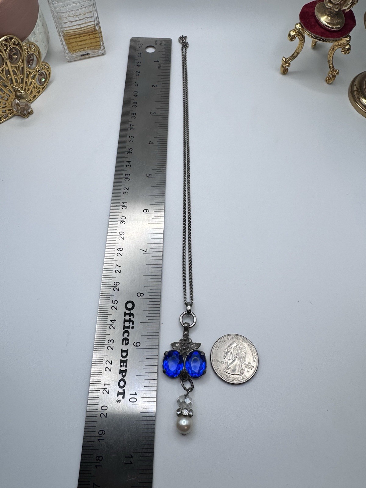Vintage Circa 1920s Art Deco Necklace & Earrings Set Blue Glass Pearl Floral