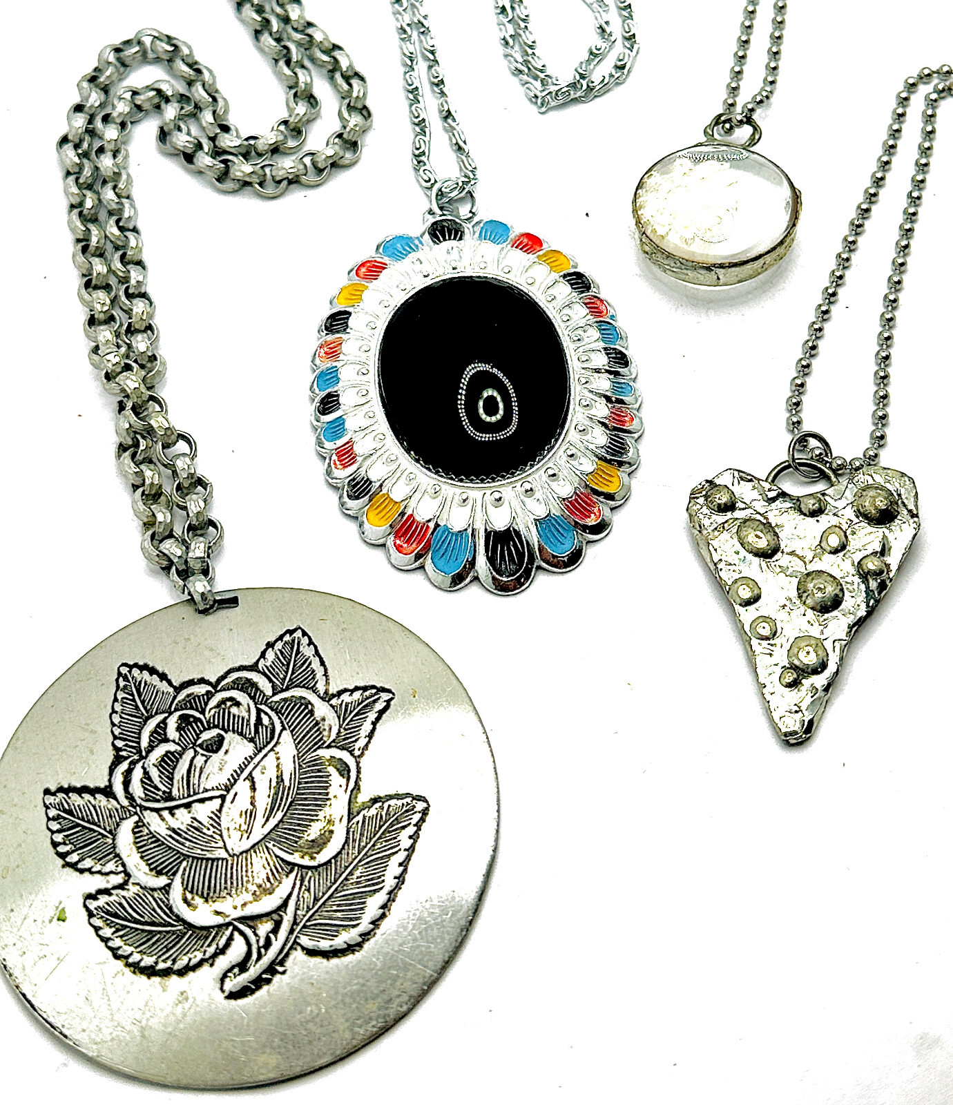 Lot 4 Aluminum Eloxal Vtg Necklaces – Germany, Artisan, Pool of Light Silver Tn