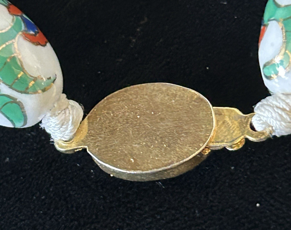 Vintage Chinese CLOISONNE Oval Bead NECKLACE Hand Knot White Lotus Blossom 24″