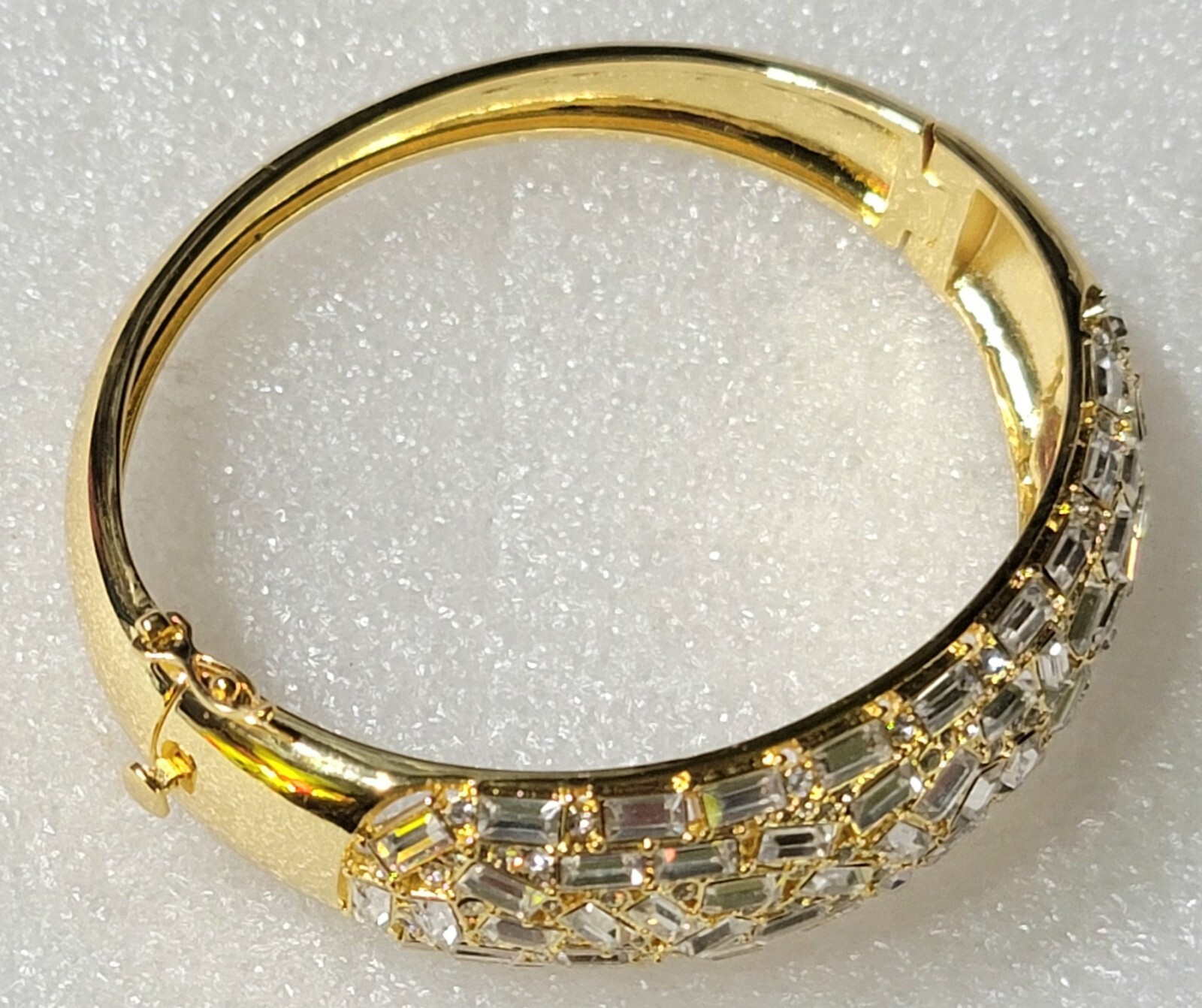 Vintage Mosaic Style Clear Rhinestones Hinged Chunky Cuff Locking Bracelet