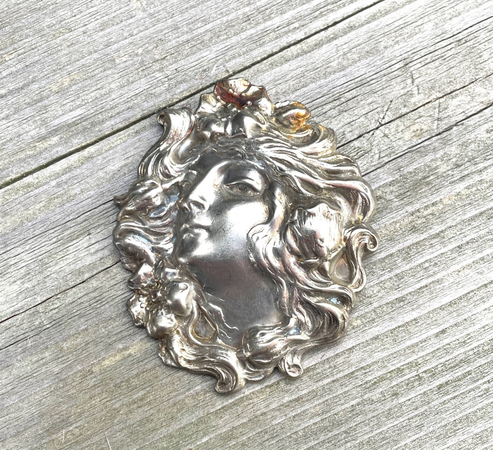 Vintage Deco Nouveau Girls Face Silver Metal Repurposed Repousse Pin