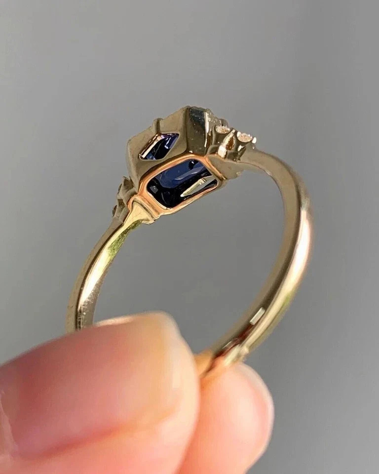 Art Deco Emerald Cut Sapphire & Lab Created Diamond Engagement 14K Gold FN Ring
