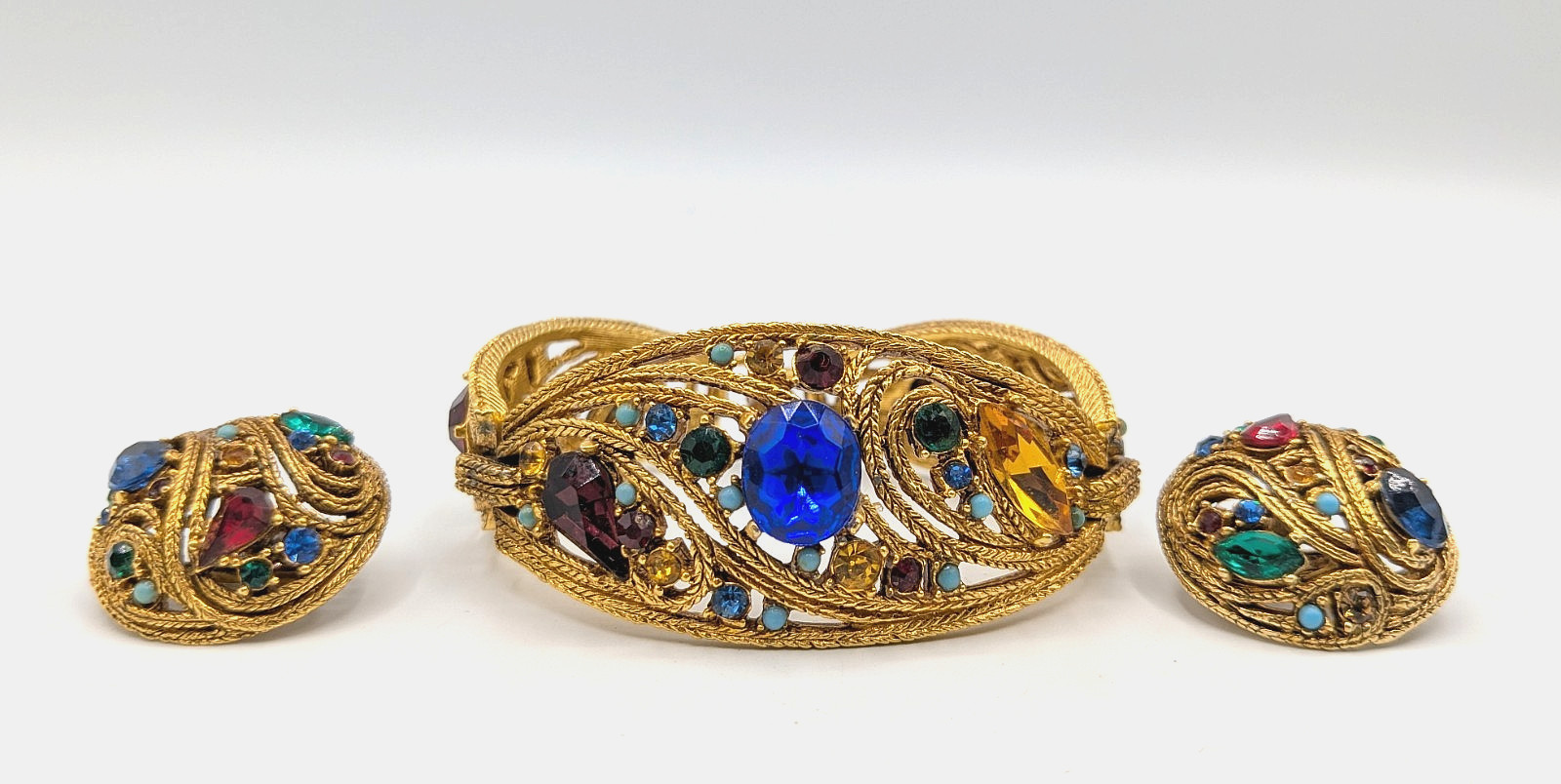 Vtg 50s La Roco Goldtone Filigree Multi-Color Rhinestone Bracelet & Earrings Set