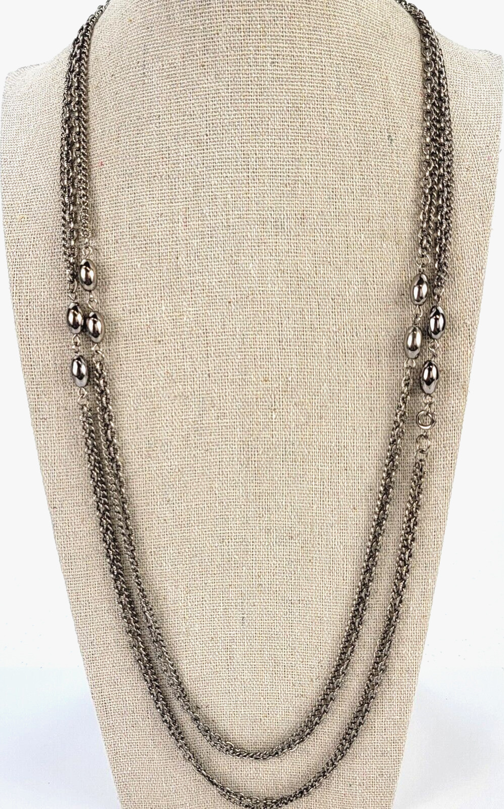 Vintage Silver-Tone Double Chain Oval Metal Bead Charm Station Necklace 54 in