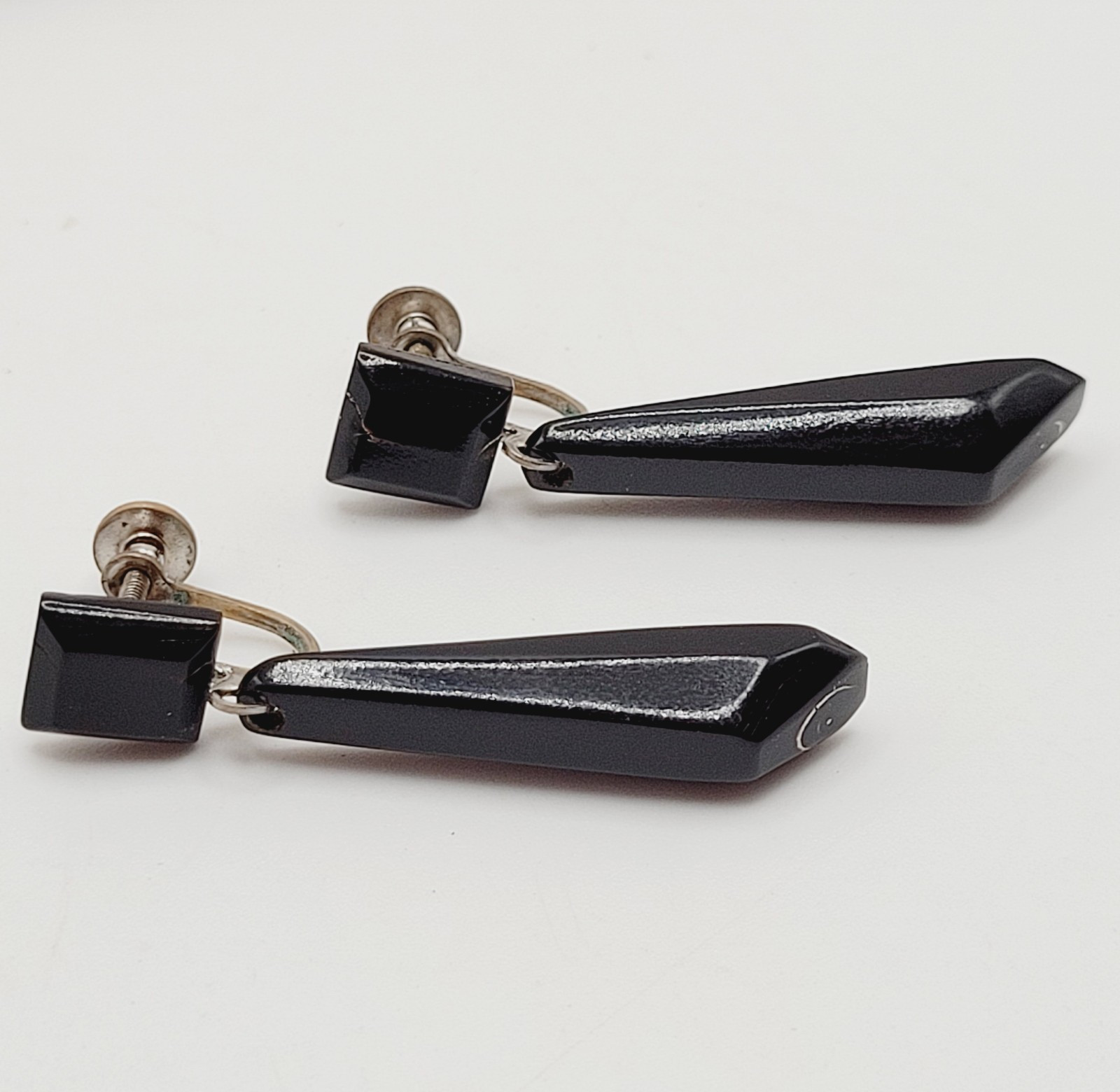 Hawaiian Natural Black Coral Vintage Screw Back Art Deco Style Dangle Earrings