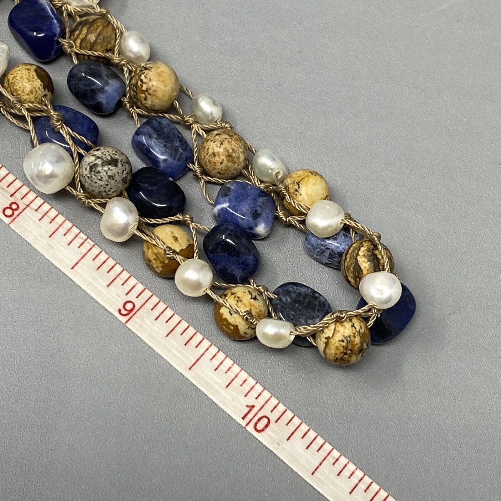 Coldwater Creek Necklace Jasper Sodalite Genuine Pearl Hand Knot Wrap Boho 20″