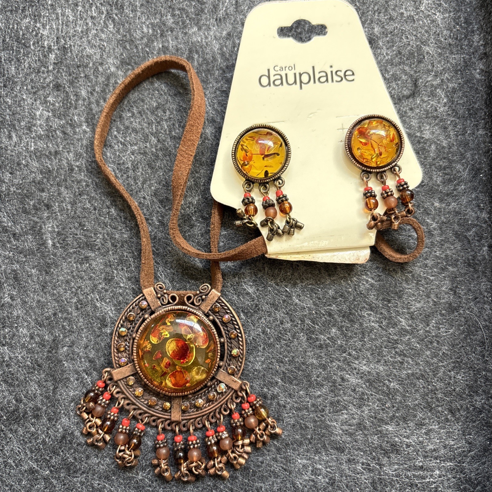 Vintage Carol Dauplaise Faux Amber Bronze Tone Statement Necklace Earrings Set