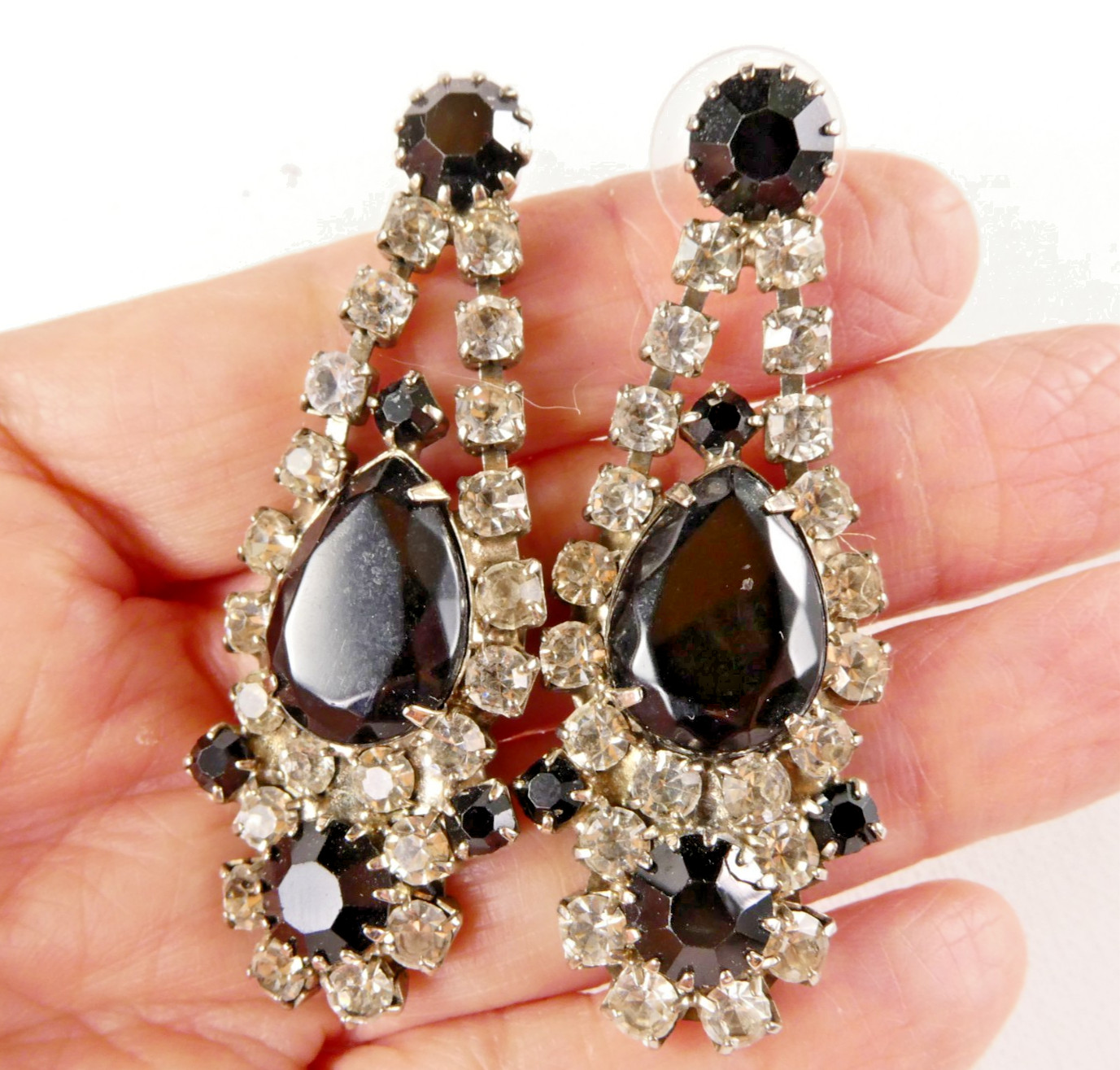 Vintage Rhinestone Dangle Drop Earrings White Black Prong Set Clear Stones