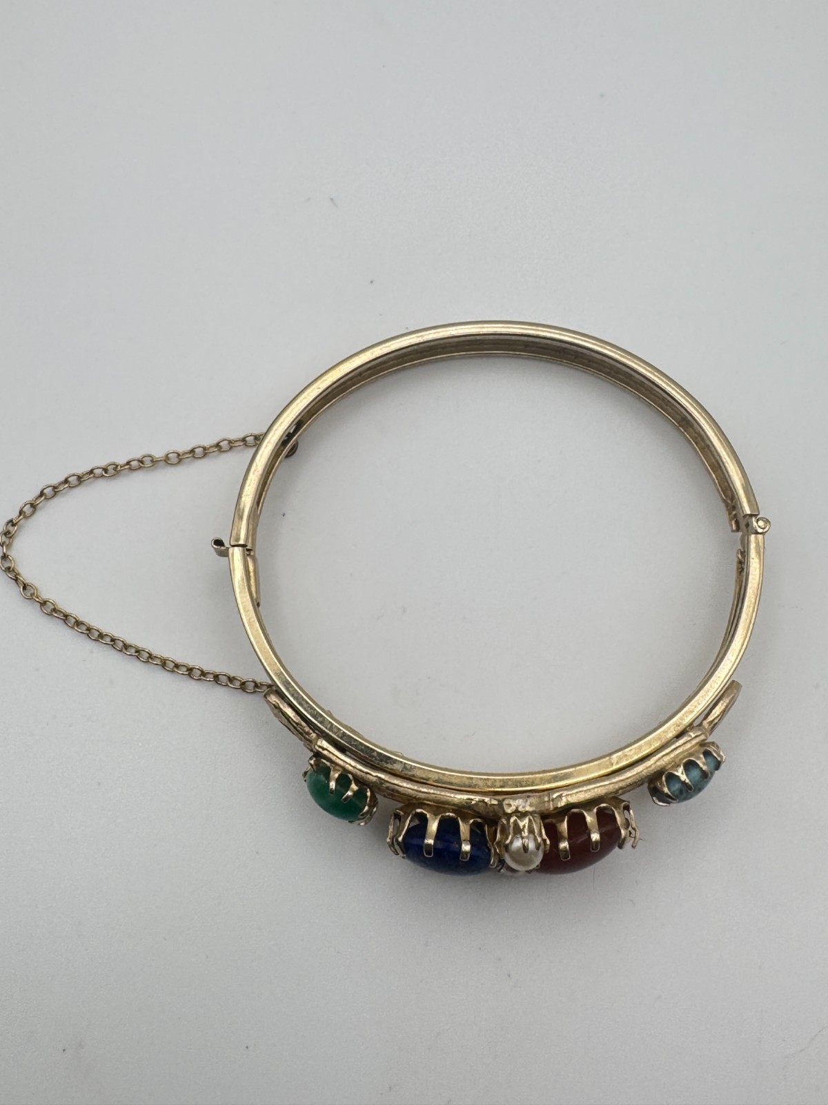 Vintage Cabochon Bracelet Green Blue Hinged Bangle Victorian Revival