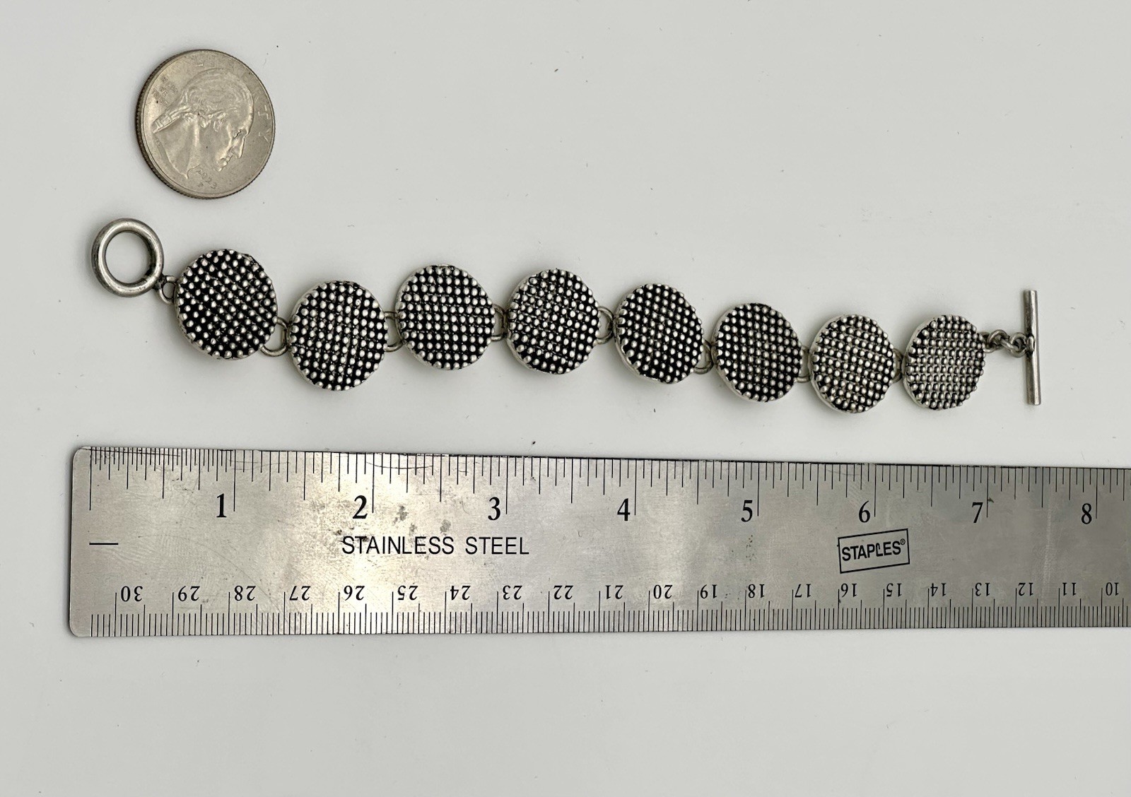 Sterling Silver 925 Mexico CII Textured Dome Disk and Toggle Closer Bracelet 44g