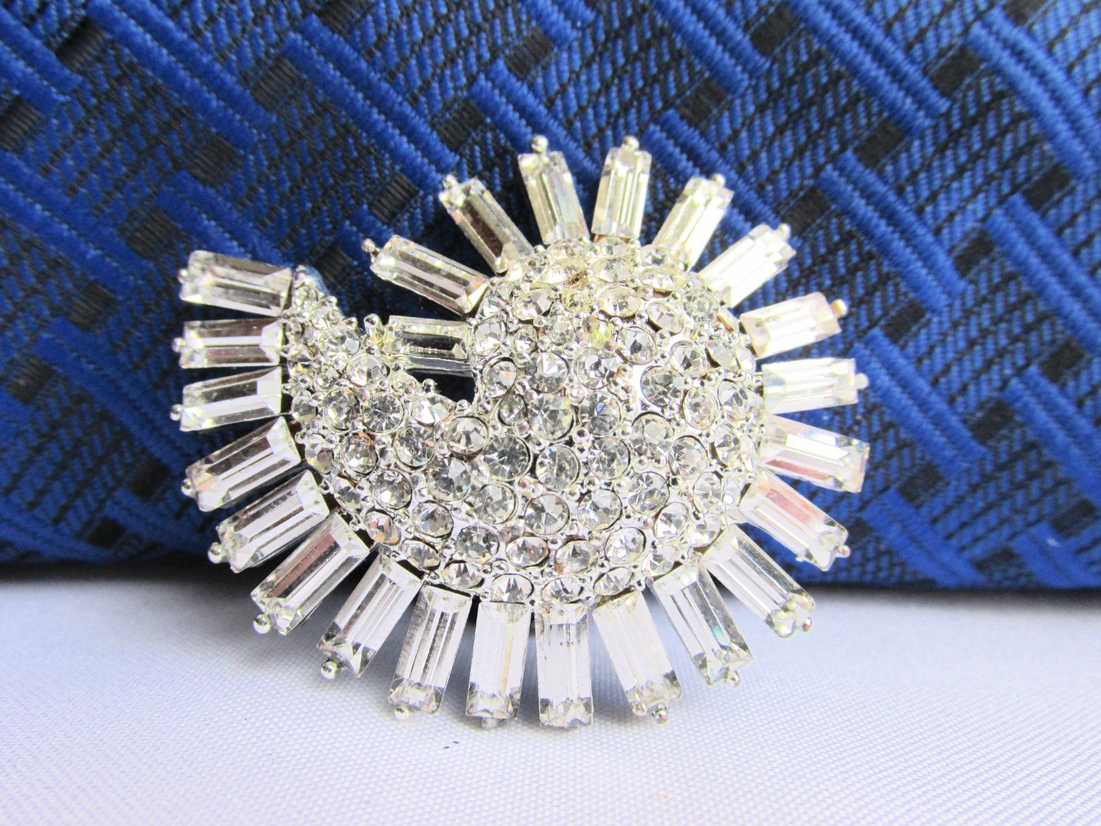 Vintage Elegant Clear Baguettes Rhinestone Pin Silver Plate Curled Fan Shape
