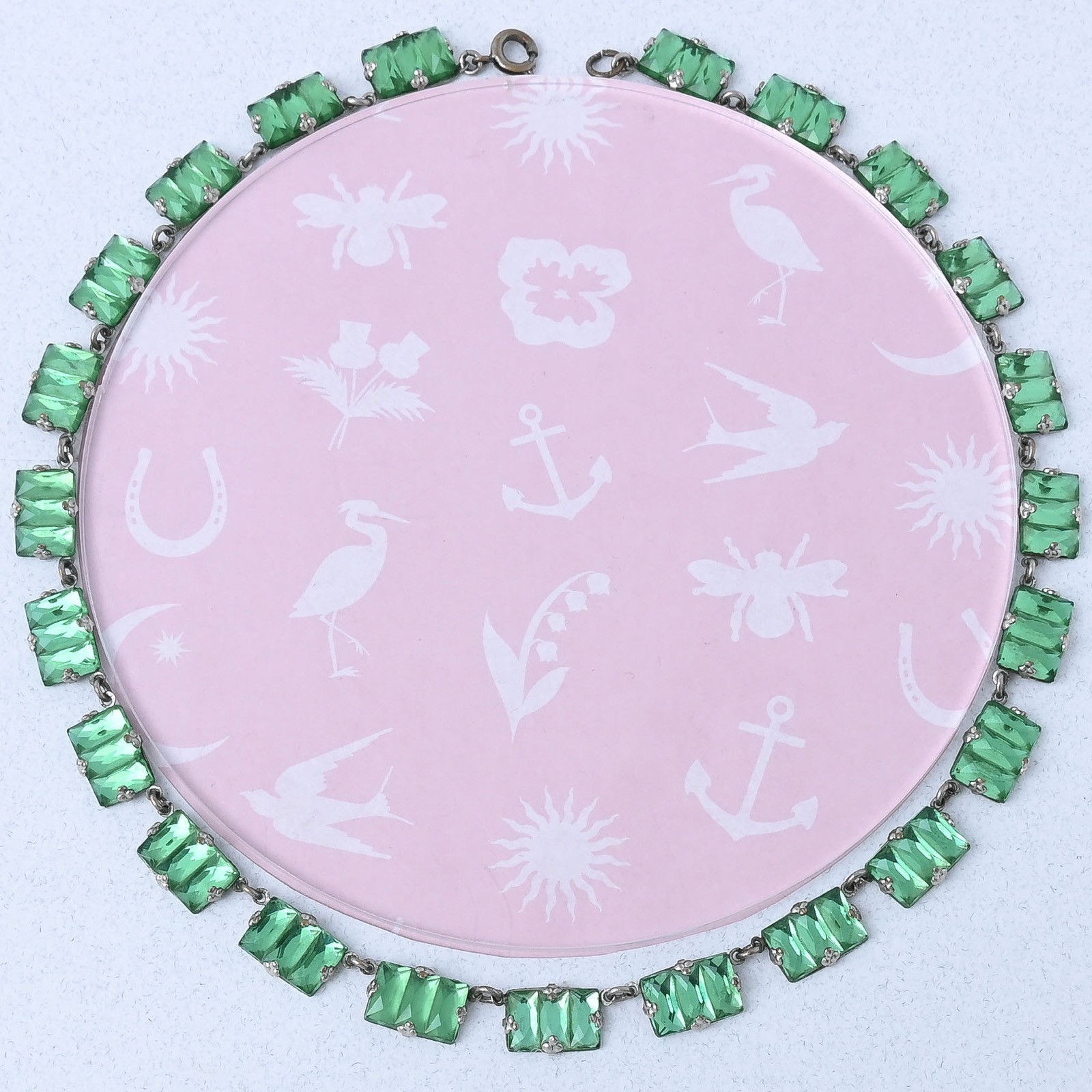 Vtg 1930s Art Deco Signed Czech Green Vauxhall Foiled Glass Necklace