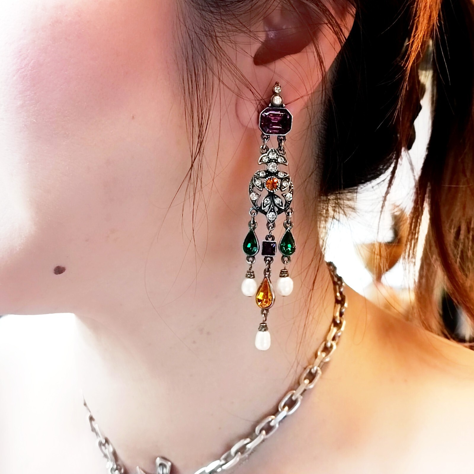 BEN-AMUN Crystals Chandelier Silver Tone Earrings , Length 3.2 inch