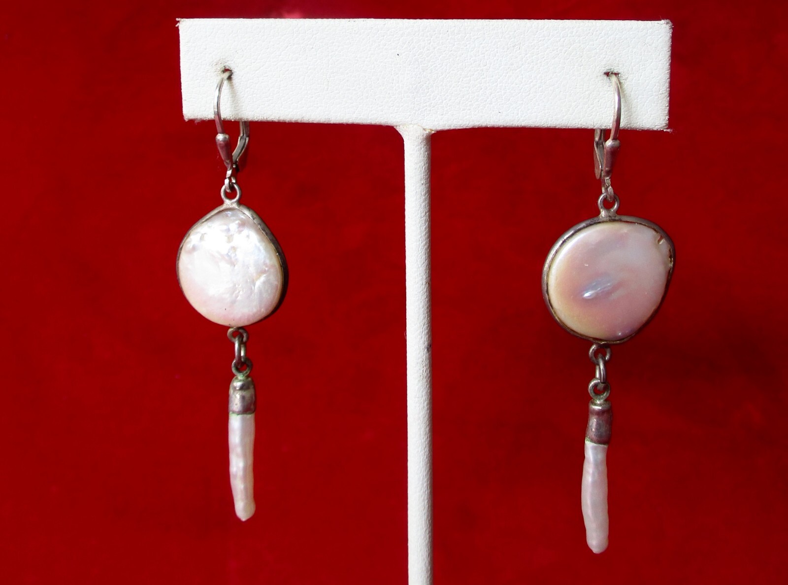 Pair of Vintage 2 1/2-Inch Coin Pearl Earrings With Drop/Boho/Shabby Chic/Hippie