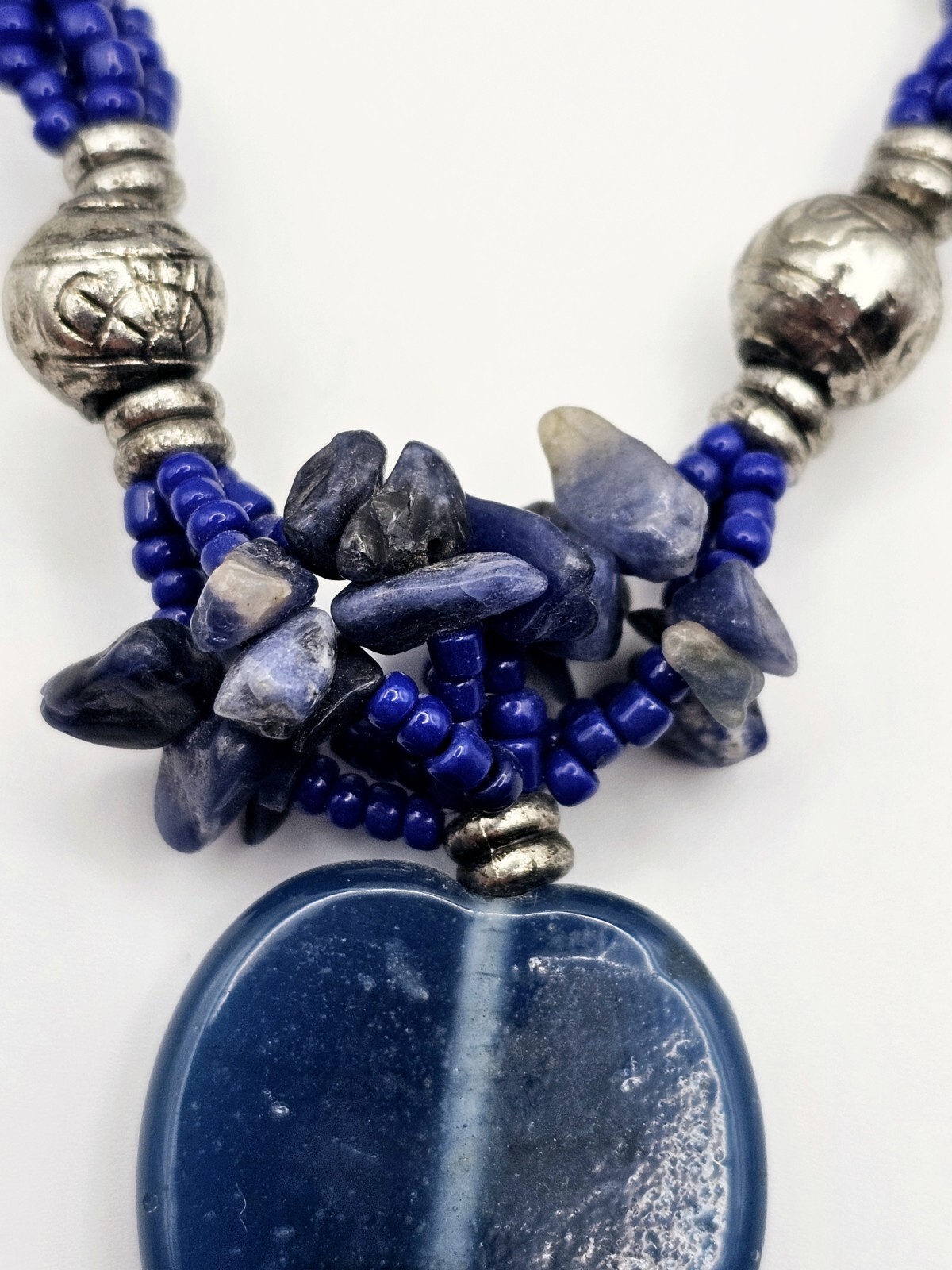 Vintage Glass Beaded Tassel Necklace Blue Native Boho Sodalite Southwestern