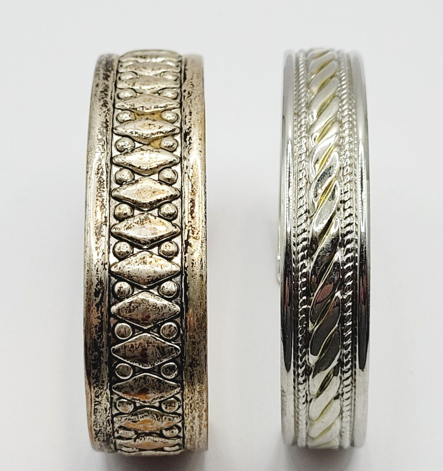 Two Vintage Metal Cuff Bracelets 1 Brass & 1 Silver Tone Patterned Tarnished