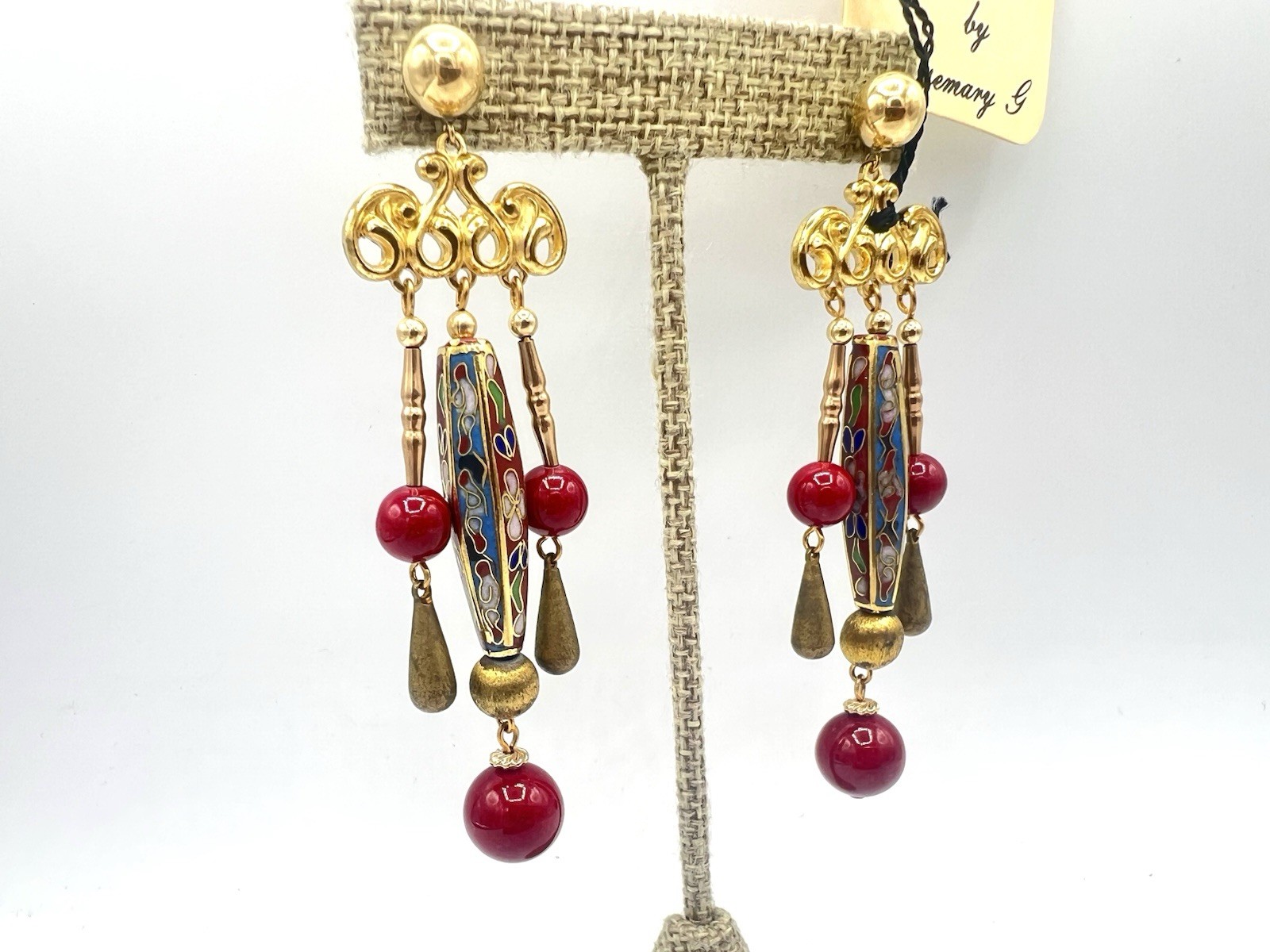 Vintage Gold Red Cloisonné Bead Artisan Dangle Earrings New Old Stock NOS