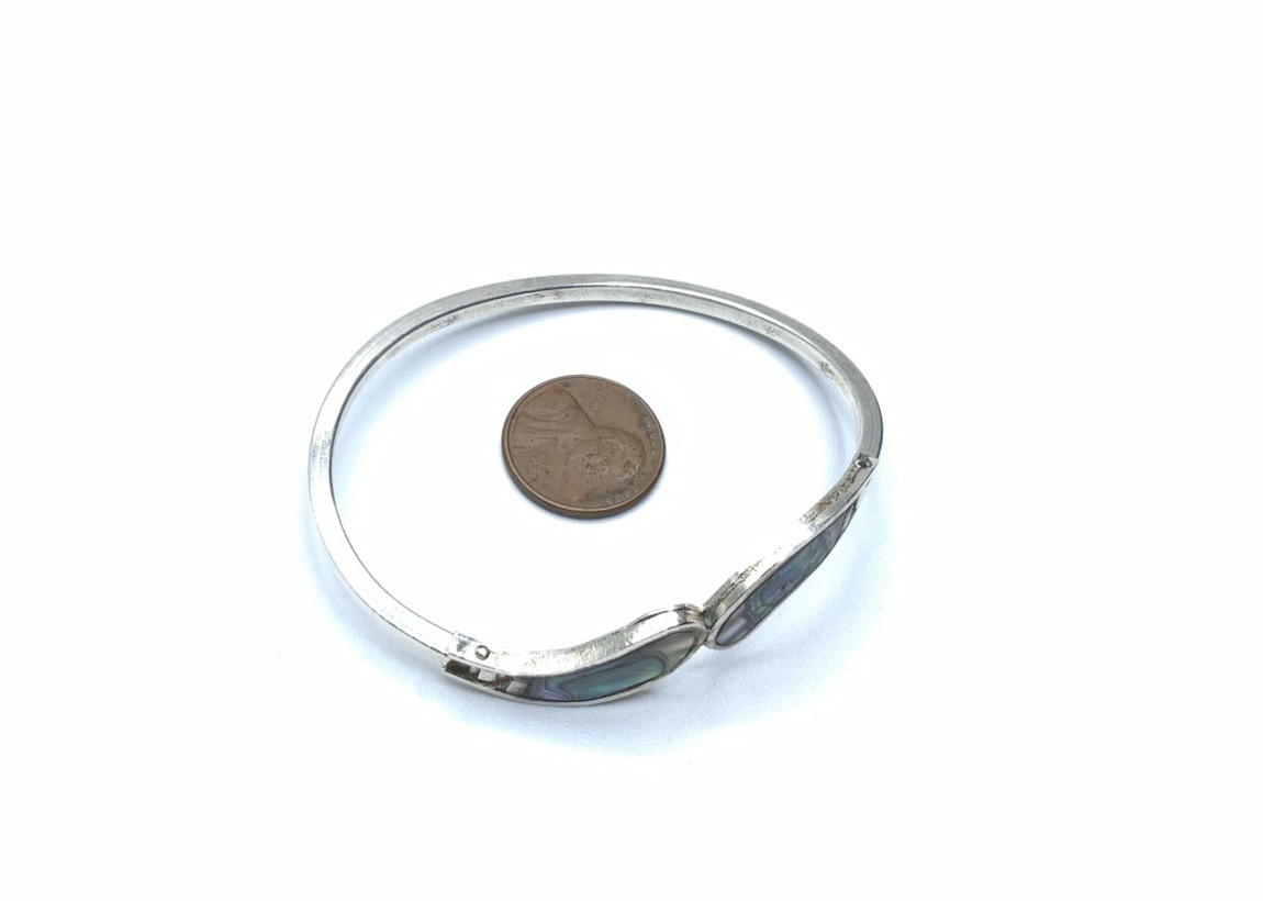 Vintage Southwest Nickel Silver Abalone & Abalone 6.5” Hinged Bangle Bracelet