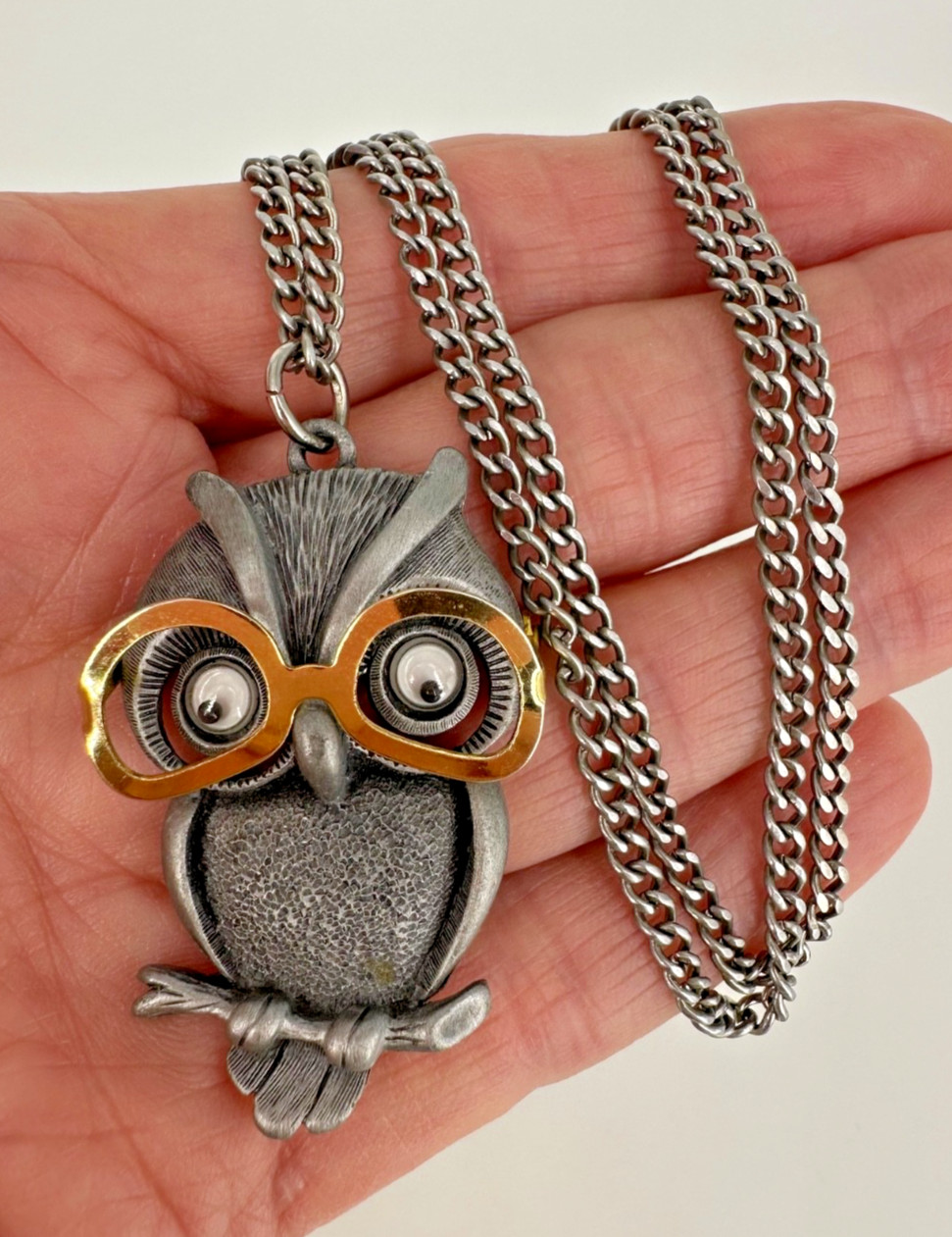 Vintage FAB Pewter Tone Googly Eyed Owl With Movable Eyeglasses Pendant Necklace