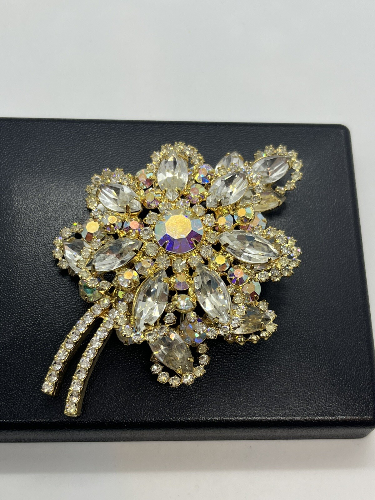 DeLizza and Elster Juliana clear & aurora borealis AB rhinestone leaf brooch pin