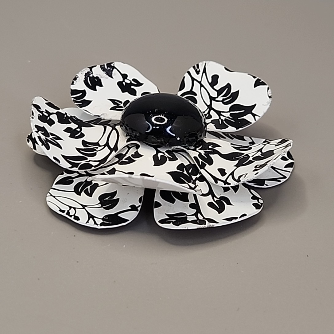 Vintage Enamel Flower Brooch White Black Vines Round 2.75″