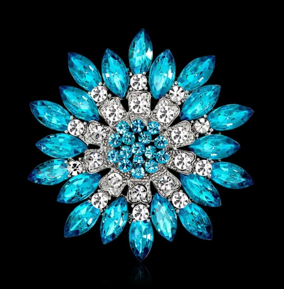Women’s Rhinestone Crystal Brooch Bright Light Blue Teal Silver Tone Round Starb