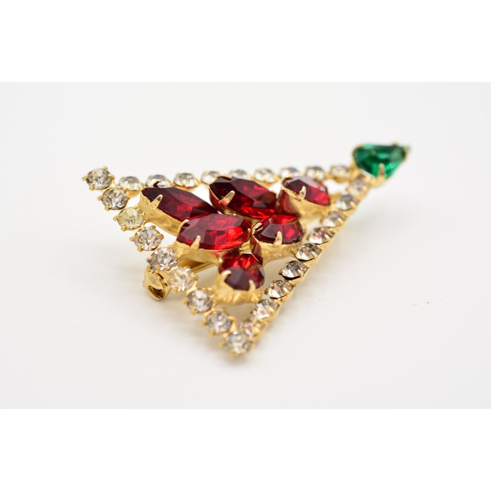 Vintage Crystal Christmas Tree Brooch Gold Green Red Marquise Rhinestone BinB