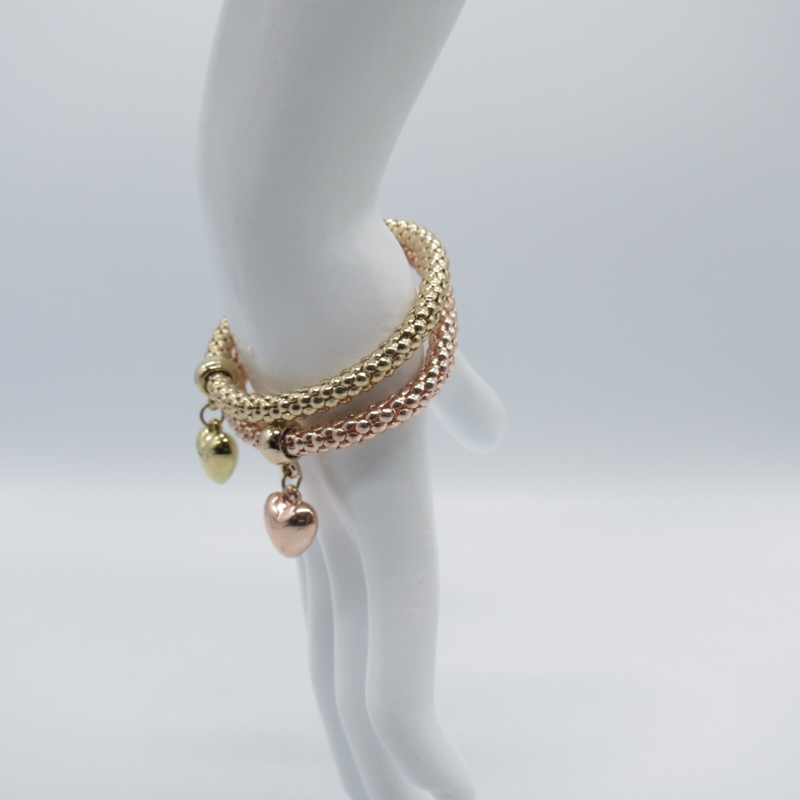 2Pc Puffy Heart Charm Stretch Bracelet Gold Rose Gold Tone Popcorn Chain