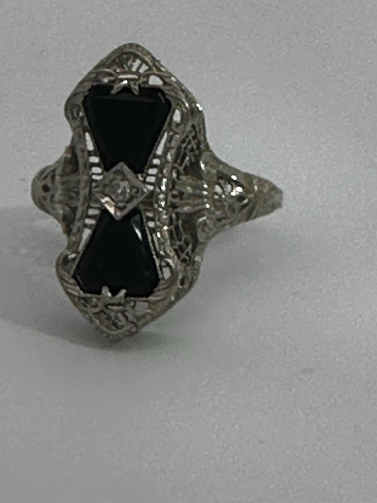 Vintage 14k White Gold Estate Onyx Diamond Ring Filigree Art Deco