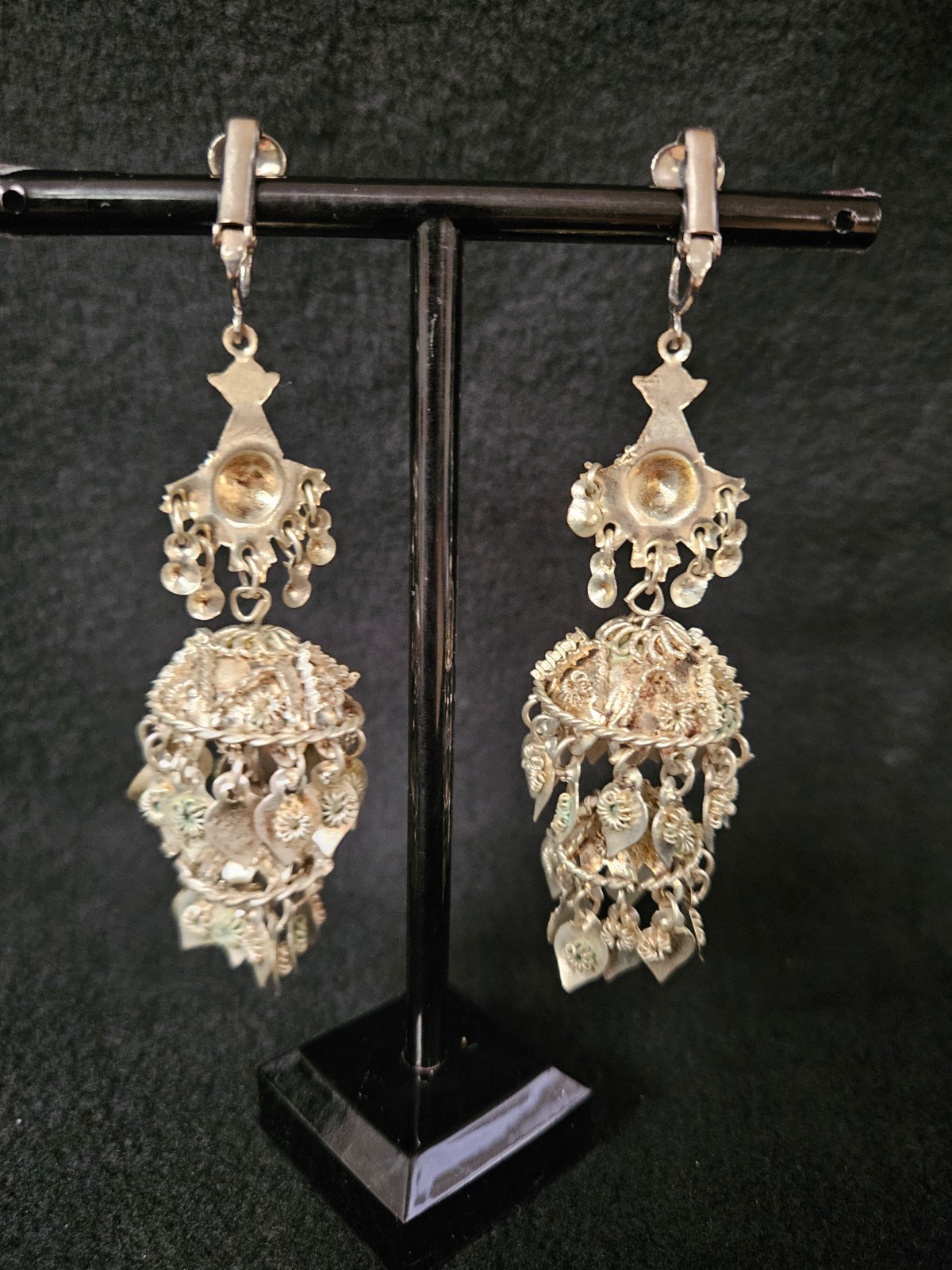 Jhumka Yemeni Clip Earrings Filigree Chandelier 3D Mid Century Antique