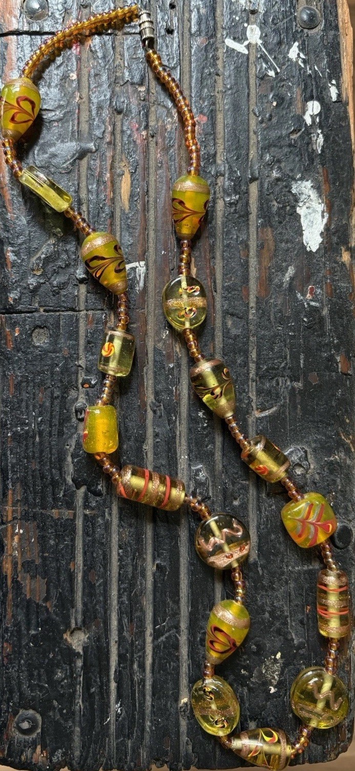 Vintage Hand Blown Glass Beaded Necklace 24”Iridescent Yellow Gold Black Red MCM