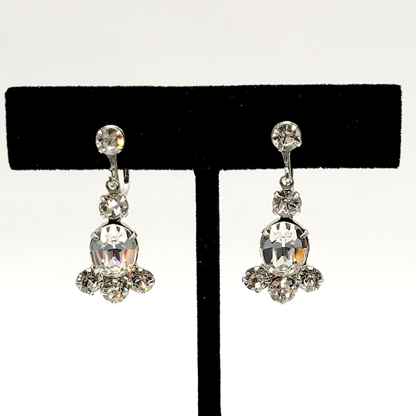 Crystal Rhinestone Cluster Silver Tone Drop Dangle Screw Back Vintage Earrings