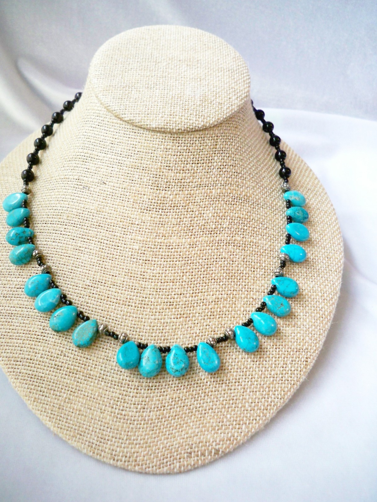 Vintage Black Glass & Turquoise Teardrop Fringe Beaded Bib Necklace