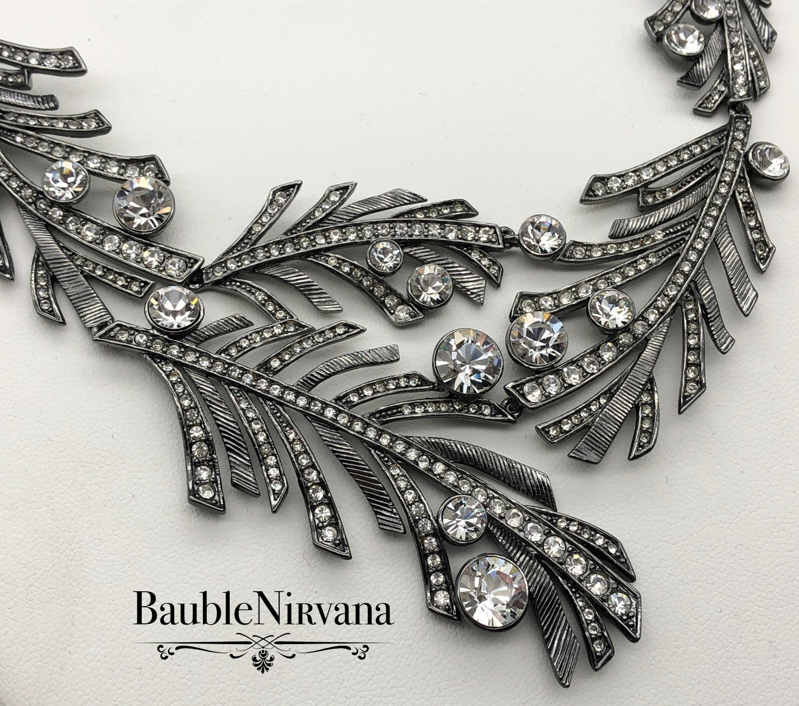 Givenchy Gun Metal & Rhinestone Textured Leaves Statement Bib Necklace WOW!!