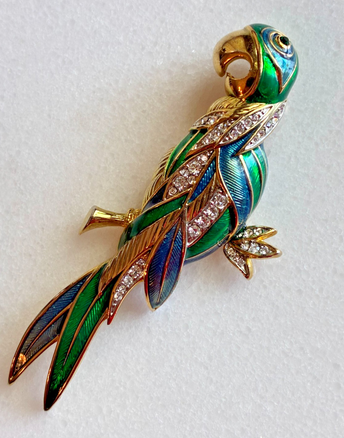 Large Vintage Enamel Parrot Brooch Rhinestone Tropical Bird Pin Green Blue 4″